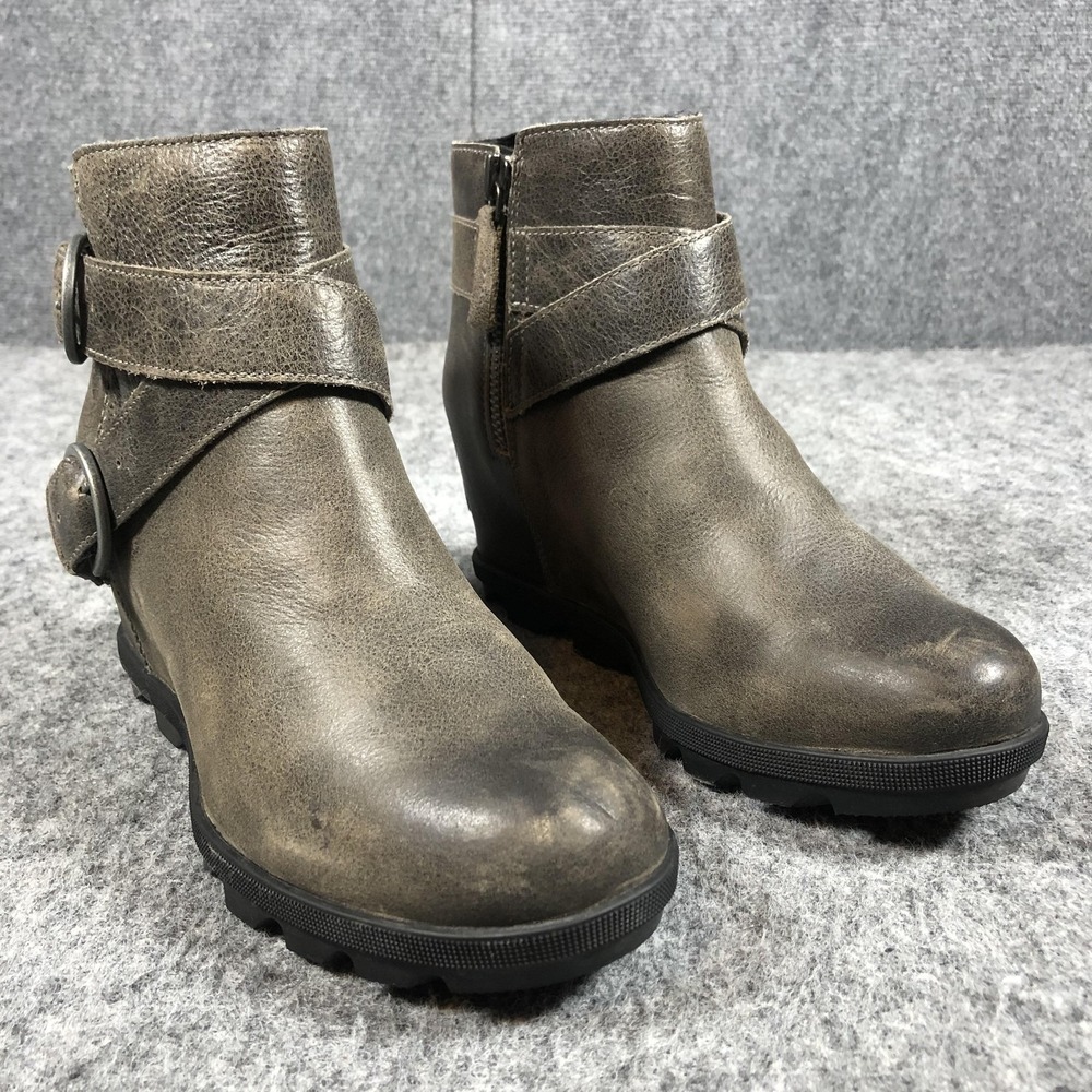 Sorel Wedge Ankle Booties‎ Womens 8.5 Gray Leather Buckle Strap Zip NL3360-052